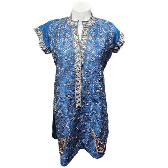 Dressline kurti intricate beading blue bollywood tunic Indian medium - Picture 1 of 8
